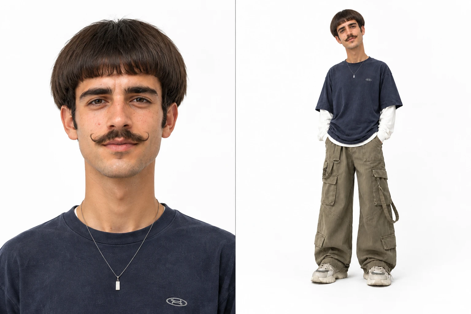 Two-view retro character sheet with brown bowl hair and a curled moustache